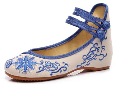 TRC - Zapatos planos de ballet de lona con bordado de girasol para mujer, con correa al tobillo, estilo casual, de algodón, bordado chino, zapatos de bailarina, Blue, 35.5 EU