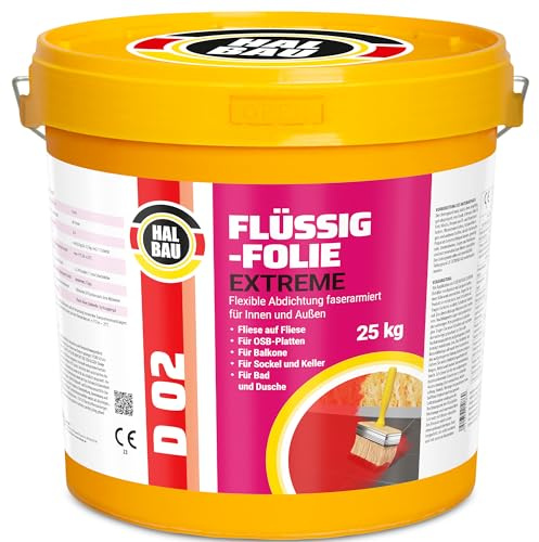 Flüssigfolie 25kg, Flüssiggummi für Innen und Aussen, Faserverstärkte Hochelastische Abdichtung, Wassersperre unter Fliesen, Balkon, Dusche Halbau D02