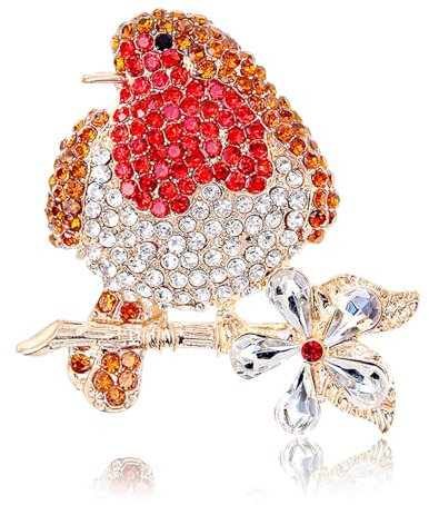 BORFUE Lot de 2 broches rouge-gorge rouges en strass pour femme, Métal