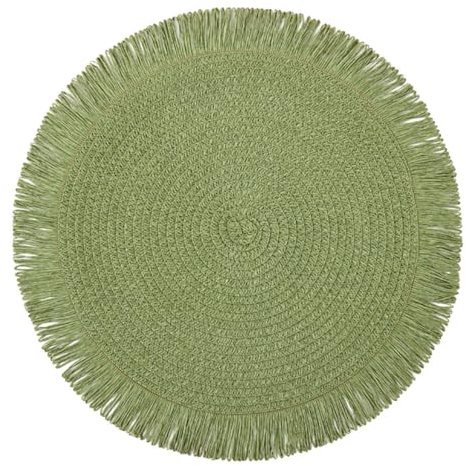 SCF2017 Round Woven Paper Straw Placemats with Tassels 38cm Table Mats,Set of 4,Green