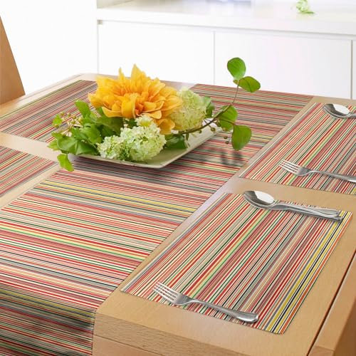 ABAKUHAUS Abstrakt Tischläufer & 4 Stück Tischsets, Klare horizontale Bunte gestreifte Linien Hintergrund-Regenbogen-Stangen-künstlerische Anzeige, Tischdeko-Set, 180 x 40 cm, Rot Gelb