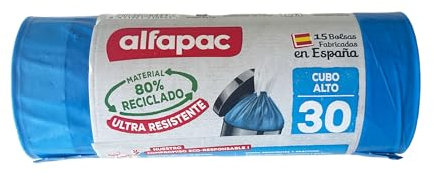 ALFAPAC Bolsas de basura 15u 'Cubo alto', Ultra resistentes, Triple capa, Antigoteo, 30L autocierre