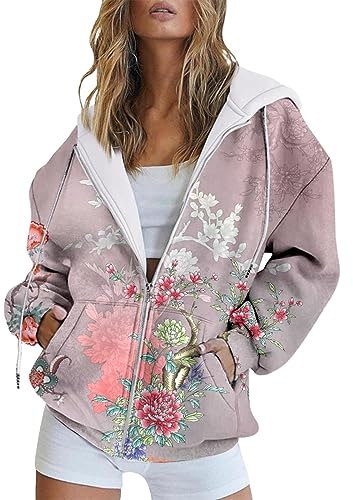 Sweat A Capuche Femme Rose Gilet Noir Zip Femme Mode Automne Et Hiver Chaud Coloré Rétro Fleur Imprimé Poche Décontractée À Manches Longues Cordon À Sweatshirt Femme Coton Vert VêTement Femme Bleu