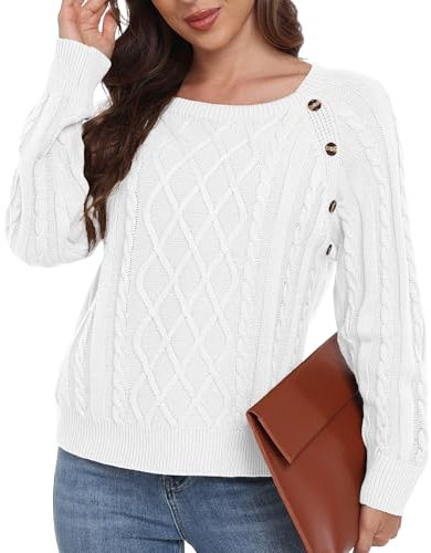 GRECERELLE Jumpers for Women UK Cable Knit Long Sleeve Tops Crew Neck Ladies Jumper Sweaters (White, L)