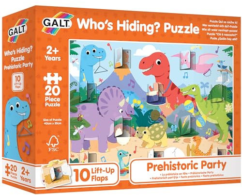 Galt Prehistoric Party - Who's Hiding Dinosaur Jigsaw Puzzle for Kids - 20 Pc Kids Puzzle with 10 Lift Up Flaps - Fun & Cute Dino Puzzles for Little Dinosaur Enthusiasts - 18 x 108 cm - Age 2 Years +