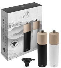 PEUGEOT - Duo Boreal 21 cm Pfeffermühle + Salzmühle - Edelstahl-Trichter - Klassische Einstellung - PEFC-zertifiziertes Buchenholz - Französiches Know-How - Schwarz & Mattweiß