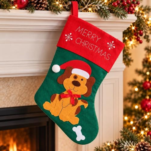 Decsee Weihnachtsstrumpf für Hunde, 40 cm, Motiv Merry Christmas, Haustierpfoten-Strümpfe, Weihnachtsbaumschmuck, Füllung mit Leckerlis