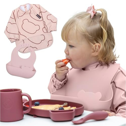 TUM TUM 2 i 1 grå haklapp set - 1 silikonhaklapp + 1 förkläde haklapp, rosa, one size