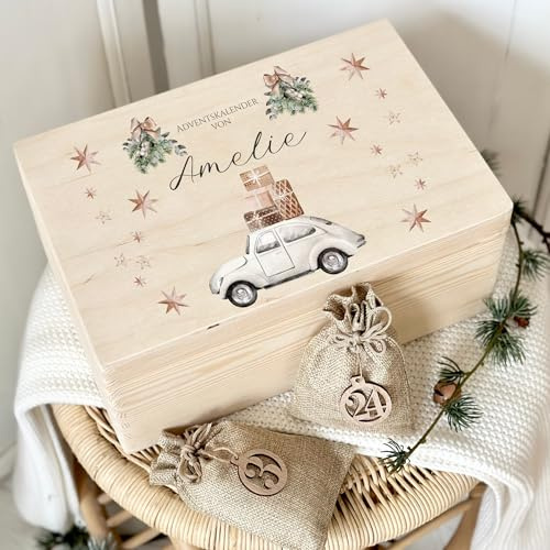 Manufaktur Liebevoll Adventskalender zum Befüllen, personalisierter Adventskalender Kinder Erwachsene Holzkiste DIY Weihnachtskalender Mädchen Jungen Sie und Ihn als Geschenk (Amelie)