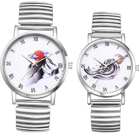 JewelryWe Silber Elastische Uhren für Paare: 2pcs Sonne Mond Berg Meer Analog Quarz Armbanduhr Edelstahl Stretch Armband Römische Ziffern Partner Freundschaft Uhr Valentinstag Pärchen Geschenk
