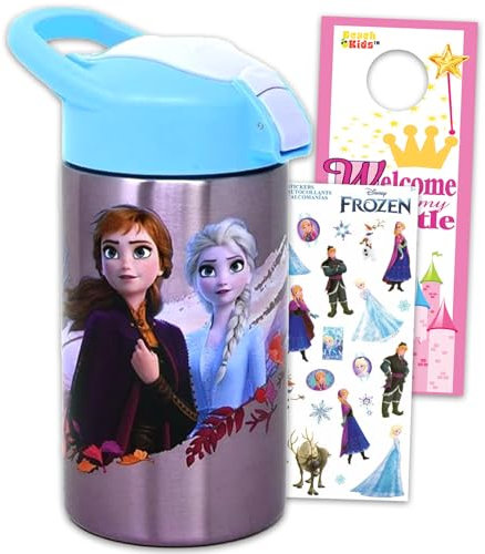 Disney Frozen 15.5oz Water Bottle ~ 3 Pc Bundle with Frozen Stainless Steel Refillable Sports Bottle, Frozen Stickers, and More