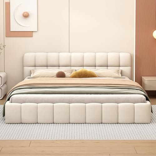 Polsterbett Bubble Bett 140x200, Doppelbett Mit Bettkasten, Polsterbett 140x200 Mit Stauraum, Jugendbett Flachbett Gästebett Mit Lattenrost Und Kopfteil, Leinen, Ohne Matratze (Beige, 140x200cm)