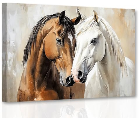CXHOSTENT Pferde-Leinwandbild Bauernhaus-Tierdekor Paar-Pferde Bilderdruck Western-Landschaftsmalerei rustikale Wohnzimmer-Dekoration gerahmt (30L x 45B cm)