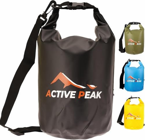 Active Peak® Dry Bag wasserdichte Roll-Top Tasche 2L 5L 10L 20L; Extrem Robuster Outdoor Packsack Seesack mit Schultergurt; Schwimm-, Strand-, & Boottasche inkl. Handyhülle (Schwarz, 5 Liter)