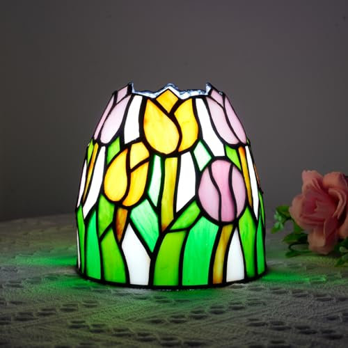 Kleine Tiffany Nachtlicht Rosa Gelbe Tulpen Buntglas Akzent Lampe Retro Einzigartige Nachttisch Licht Kleine Nachttischlampe für Home Decor Schlafzimmer Wohnzimmer Jungen Mädchen Weihnachtsgeschenke