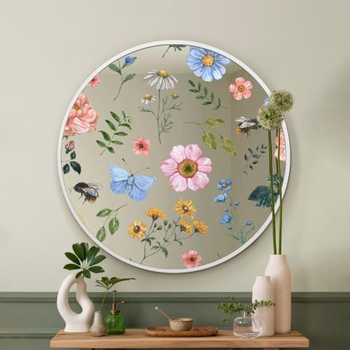 MirrorOutlet The Typis - White Metal Frame Edged Modern Round Circular Edge Wall Mirror With Colour Flower Printed Decal 31x31 (80CM X 80CM) Silver Mirror Glass with White Frame