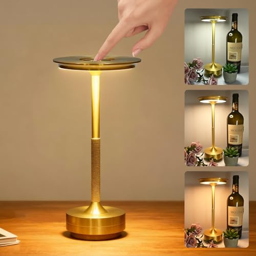 Cordless Table Lamp - 4000mAH Rechargeable LED Table Lamp, 3 Color Stepless Dimming Touch Control Night Light, Modern Bedside Nightstand Lamps for Home Indoor Outdoor Bedroom Restaurant Patio (Gold)