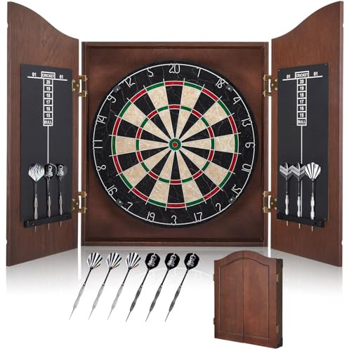 Yirinatek Sisal Dartscheiben-Schrank-Sets, professionelles Dartscheiben-Set [6 x Stahlpfähle] – Holz-Dartscheibenschrank mit integrierter Anzeigetafel für Familienspielzimmer – Kaffee