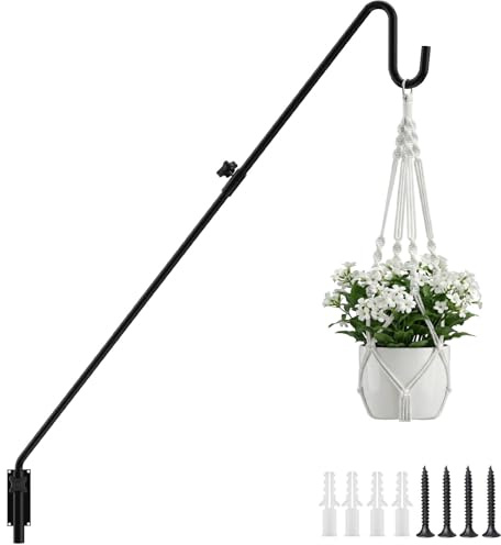 Bamworld Heavy Duty Adjustable Plant Wall Hanger, Extendable Mounted Deck Hook for Bird Feeders, Planters, Lanterns & Outdoor Decor, Black