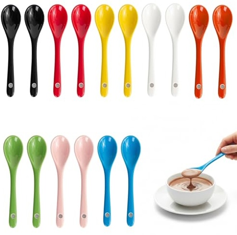 Plastiklöffel, 16-teiliges Set, Keramik, bunte Farben, 12 cm, für Eier, Desserts, Marmelade, Honig, Joghurt, ideal für Geschenke