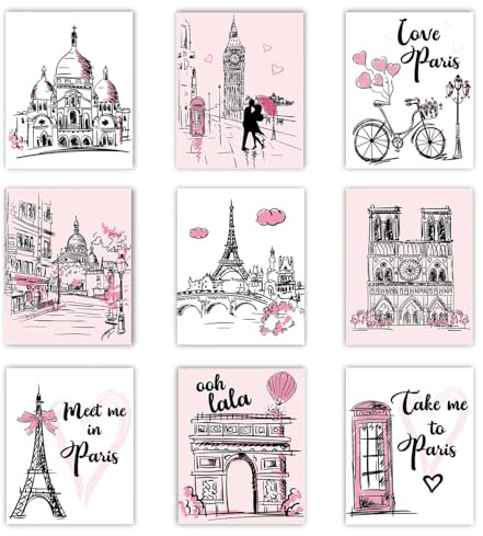 9 Stück Paris Wandbilder Set - Romantische Schwarz Rosa Skizzen Poster mit Eiffelturm, Notre Dame & Telefonzelle, Vintage Stadt Reisekunst zum Aufhängen für Schlafzimmer Wohnzimmer Dekoration 20×30cm