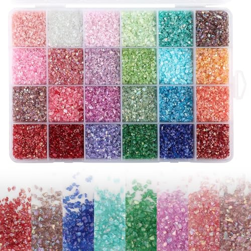 Nexlynk 24 Farben Crushed Glass Chips 240g 2-4 mm Glitzer Metallic Glas für DIY Basteln Mosaik Epoxidharz Dekoration Nail Art Vasenfüller Unregelmäßige Glasperlen für Kunsthandwerk Schmuckherstellung