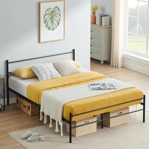 FURNITABLE Doppelbettgestell, Bett, passend für 140 x 190 cm Matratze, Metallbett, Modern Bettrahmen, mit Kopfteil, Gästebett Bettgestell, für Teenager,Schlafzimmer,Schwarz