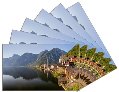 Wallario 6er Set Frühstücksbrettchen aus Glas, Glasunterlage, Glasbrettchen Malerisches Dorf an Bergsee, Größe 14 x 23 cm, Sicherheitsglas