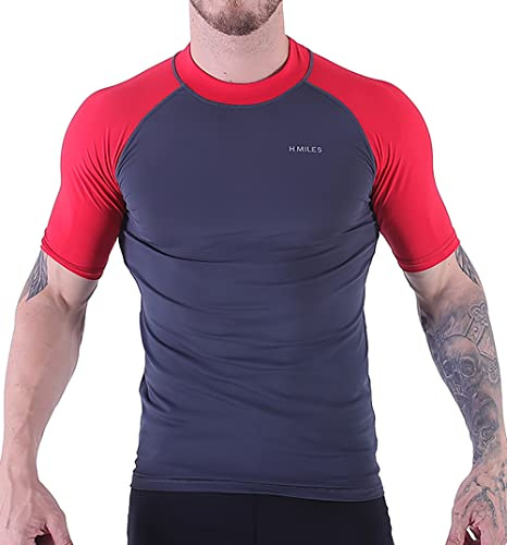H.MILES Men's Rash Vest Short Sleeve Male Adults Rashguard Swim Base Layer Snorkeling Swimming Surfing Tops Diving Beach T-Shirt