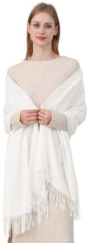 Best World 4 Yu Womens Winter Shawls Warm Casual Scarf Solid Pashmina Tassel Style Stoles for Wedding Party(Ivory)