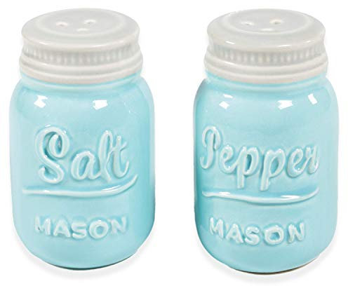 Mason Salt & Pepper Shakers - Vintage Ceramic Salt & Pepper Shaker Set - Retro Farmhouse Decorative Jar Dispenser for Kitchen (Blue)