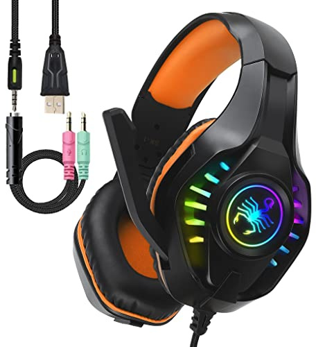 Casque de jeu professionnel pour PC PS4 Xbox One Bass Surround Sound Casque supra-auriculaire avec micro/lumière LED/cache-oreilles doux à mémoire de forme pour ordinateur portable, jeux pour enfants,