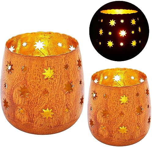2er Set Orientalisches Windlicht orientalisch Javier Groß | Orientalische Vintage Teelichthalter Rostfarben innen Rostbraun außen | Marokkanische Windlichter aus Metall als Ramadan Deko