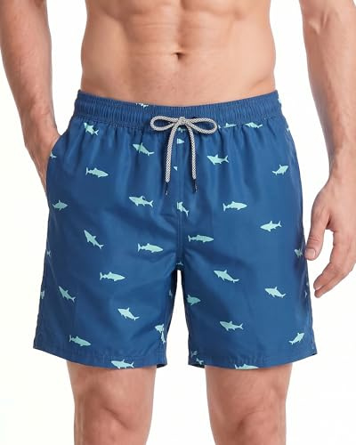 MaaMgic Homme Short de Bains Maillot de Bain avec Filet Style Tropical Voyage Pants Court de Sport Séchage Vite Bien pour Vacance a la Plage, Bleu Requin Vert, XX-Large(tour de taille:99~104cm)