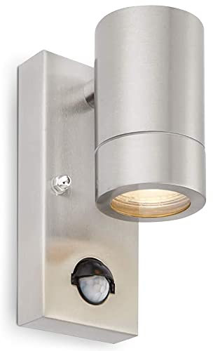 National Lighting PIR Outside Lights - Outdoor Security Lights - Brushed Stainless Steel Motion Sensor Presence Detector External Lantern Light - IP44 Rated 7W 240V LED GU10 Lamp (Not Included)