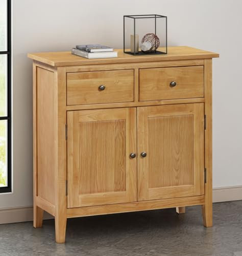 Hallowood Furniture Hereford Oak Small Sideboard Storage Cabinet with 2 Drawers, Cupboard & Adjustable Shelf, Solid Wood Oak Storage Unit for Living Room or Bedroom, Shoe Cabinet for Hallway