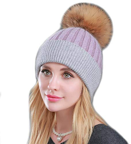 Brillabenny Mütze Pompon Echtfell, für Damen und Herren Jungen Weiche Wolle und Kaschmir Weiss LILA UND GRAU