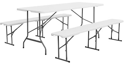 Alice's Garden - Set de mesa y bancos de recepción. 180 cm. Plegables. Con asa de transporte. Plástico blanco. Mesa de camping