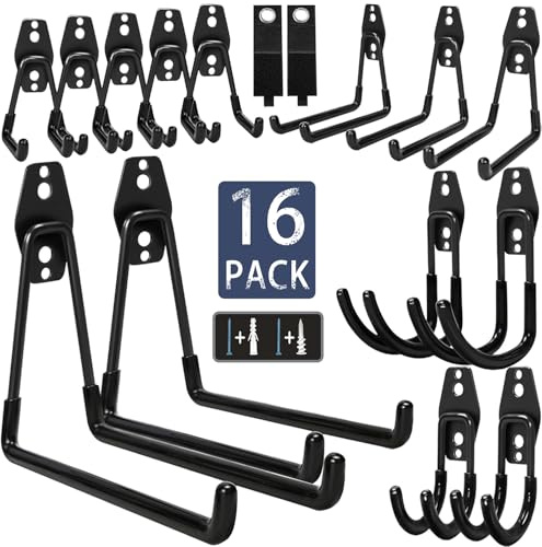 KOFANI Garage Hooks, 16 Pack Steel Heavy Duty Garage Storage Hooks with Anti-Slip Coating, Utility Garage Wall Mount Hooks for Hanging Bike, Ladder and Garden Tools | Wall Hooks Heavy Duty for Hanging Bike, Ladder, Garden Tools,Broom,Hose，Anti-Slip Coating Garage Wall Organization