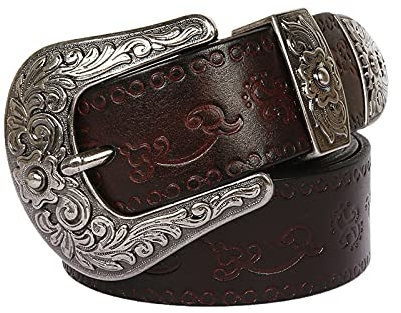 YDYBY Vintage Western Style Echtleder Gürtel für Herren Damen 105cm - 125cm Länge Fashion Embossed Pattern Nietengürtel für Oder Gothic-Outfits,Braun,110CM