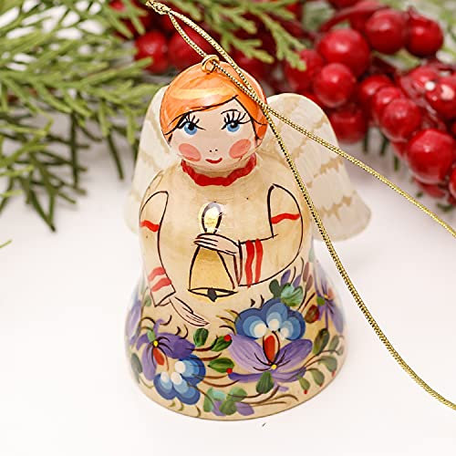 Christbaum-Behang Engel Holz Figur 7 х 5.5 cm Hochwertiger Weihnachtsengel und Glocke in Ukrainischer Handarbeit Gestalten für Weihnachten und als Schutzengel, Glücksbringer für ganzes Jahr.
