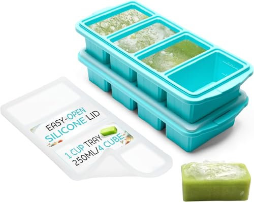 XOMOO Silicone Freezer Tray With Lid - Soup Freezer Container molds - Large Ice Cube Tray- makes 8 perfect 1 cup portions cubes, 2-Pack Freezer Storage Food Soups & Meal Prep - Oven & Dishwasher -Safe