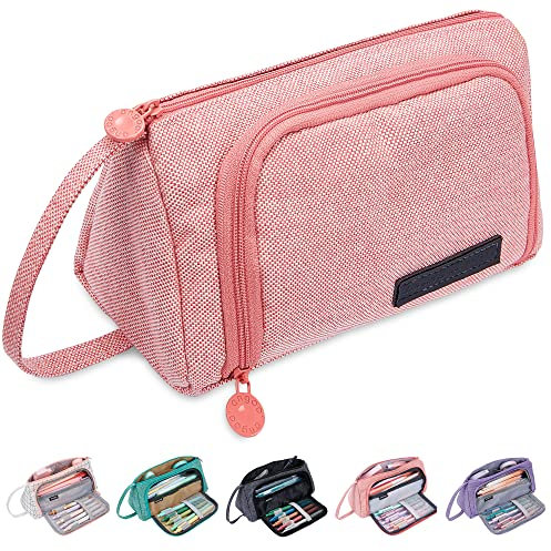 KUNQUN Großes Federmäppchen, 2 Fach Mäppchen Federmappe mit Tragegriff, Tragbare Büro Schreibwaren Organizer Stift Etui Niedliche Federtasche für Schule Büro Mädchen Damen (Rosa)