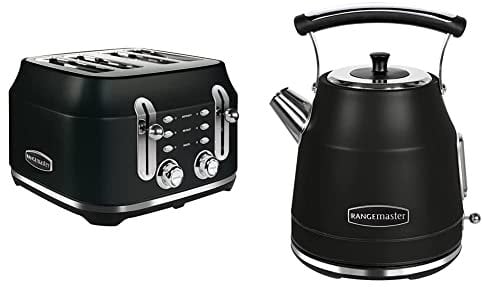 Rangemaster RMCL4S201BK Classic Black 2.1kW 4 Slice Toaster with Defrost,Removable Crumb Tray (Black, 4 Slice) & RMCLDK201BK Black Cordless Electric 1.7L 3kW Classic Kettle with Quick & Quiet Boil