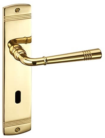 1 Set Türgriffgarnitur FREJA Messing poliert Buntbart (BB) Türbeschlag auf Langschild Türklinke Vintage mit Befestigungsmaterial von Sotech