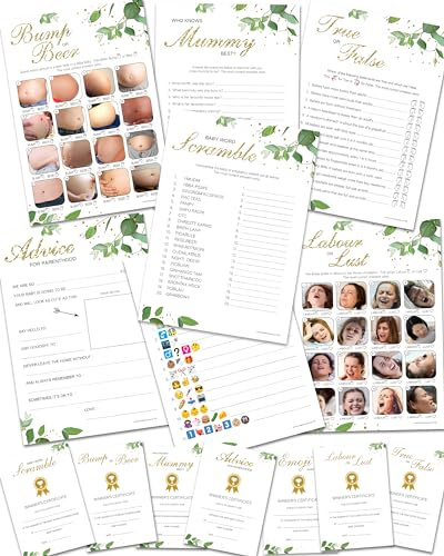 Olivia Samuel Baby Shower Games - 7 Games in 1 Mega Bundle. 10 Player Pack Botanicals Design with Winner's Certificates