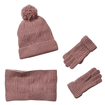 Vertbaudet Mädchen Strick-Set: Mütze, Rundschal & Handschuhe, Zopfmuster rosa 152/158