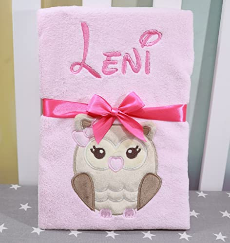 BotoBaby® - Babydecke mit Namen und Geburtsdatum - Geschenk Taufe Geburt ★ (Rosa - Eule)