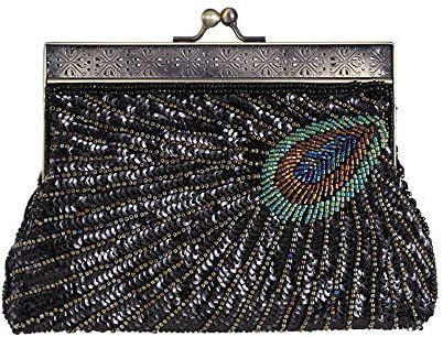 LUMoony 1Pcs Damen Abendtasche mit Pailletten Clutch Spitze Pfau Schwanz Handtasche Perlen Vintage Clutch Pailletten Pfau Ausgefallene Antik Perlen Pailletten Diamant Clutch Bag fur Party Hochzeit