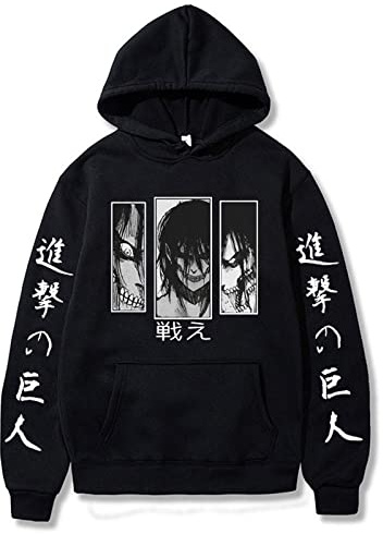 zhedu Anime AOT Hoodies Eren Jaeger Graphic Hoodie Manga Schwarz Langarm Kapuzen-Sweatshirt Oversized Unisex
